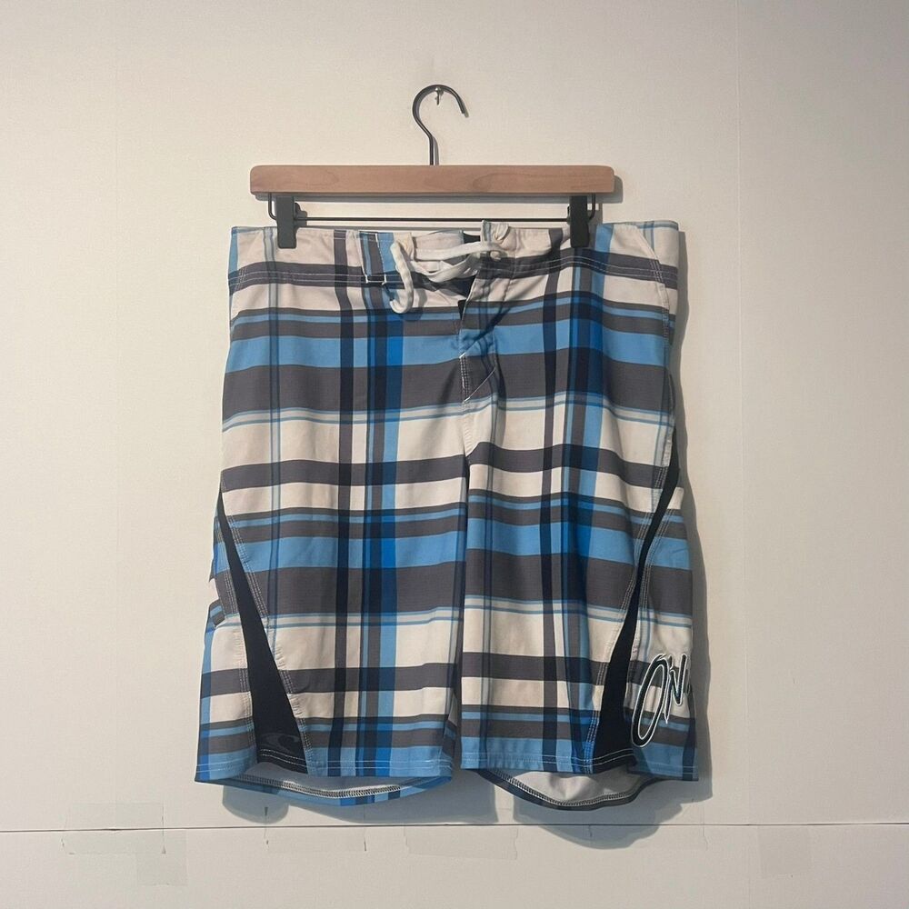Oneill Mens Board Shorts Size 33 Multicolor Plaid Superfreak Trunks Embroidered